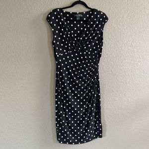 Lauren Ralph Lauren Dress  Black White Polka Dot Surplice Faux Wrap retro 10